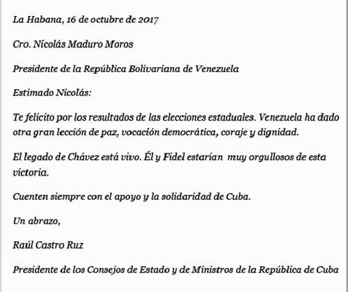 Felicita Raúl a Nicolás Maduro por contundente victoria en elecciones regionales Felicita Raúl a Nicolás Maduro por contundente victoria en elecciones regionales
