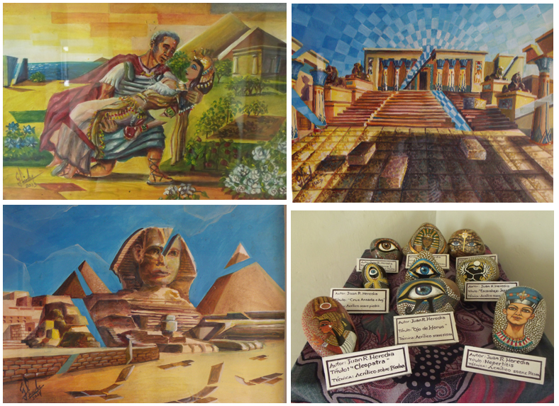 Algunas de las obras presentadas en la exposición "Oda a Egipto". A la derecha, abajo, piezas pintadas en piedras de río. Fotos: Gilberto González García