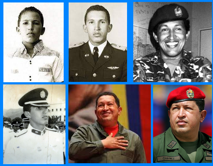 Collage de fotos de Hugo Chávez en diferentes etapas de su vida