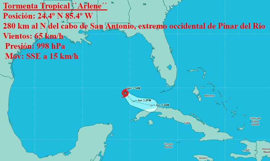Tormenta tropical Arlene se debilita y continúa rumbo sur-sudeste