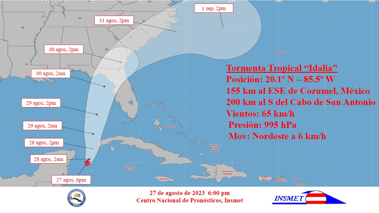 Tormenta Tropical Idalia con lento movimiento sobre el noroeste del mar Caribe