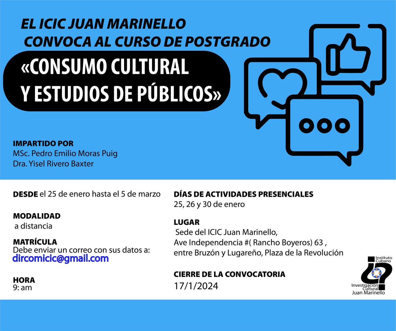 Postgrado sobre consumo cultural y estudios públicos en el Instituto Juan Marinello