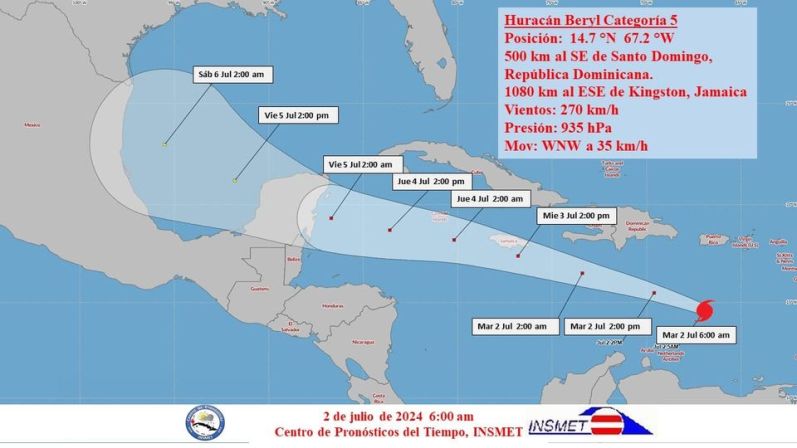 Beryl alcanza la categoría cinco sobre el Caribe oriental