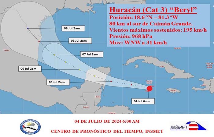 Huracán Beryl transita por el Caribe occidental