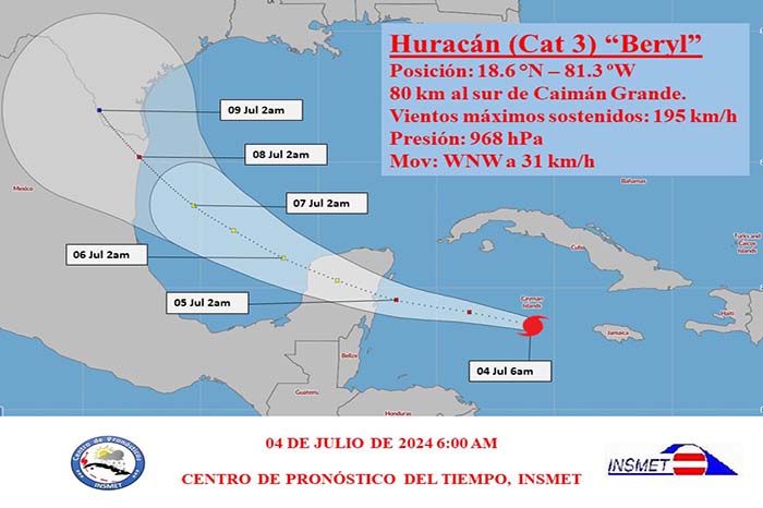 Huracán Beryl transita por el Caribe occidental