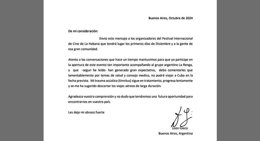 Carta enviada por León Gieco. Foto: Agencia Cubana de Noticias